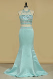 Halter Two Pieces Beaded Bodice Open Back Prom Dresses Mermaid Satin &