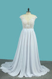 Chiffon A Line Scoop Wedding Dresses With Applique And Slit Sweep