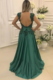 A Line Straps Prom Dresses Open Back Satin With Applique And