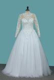 A Line Long Sleeves High Neck Tulle With Applique Chapel Train Detachable Wedding