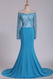 Long Sleeves Mermaid Prom Dresses With Applique Sweep Train Spandex