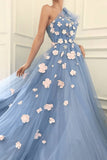 Charming One Shoulder Blue Tulle 3D Flowers Prom Dresses, Long Cheap Dance Dresses STA15119