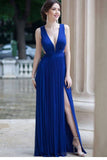 V Neck Chiffon Prom Dresses A Line With Ruffles And Slit Floor