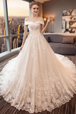 Gorgeous Off The Shoulder Lace Cathedral Train Wedding Dresses Princess Bridal STAPT58L82L