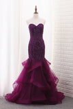 Sweetheart Mermaid Tulle Prom Dresses With Beading