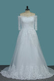 Tulle A Line Boat Neck 3/4 Length Sleeves Wedding Dresses