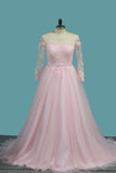 A Line Tulle Long Sleeves Scoop Wedding Dresses With Applique And Sash Sweep