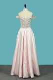 A Line Satin Off The Shoulder Prom Dresses With Beading Floor