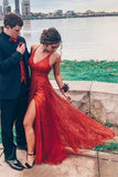 Sparkly V Neck A Line Red Spaghetti Straps Prom Dresses with Slit, Evening STA20447