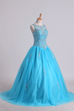 Scoop Quinceanera Dresses Open Back Beaded Bodice Tulle Lace