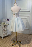 Cute Blue Strapless Tulle Homecoming Dresses with 3D Flowers Lace up Dance Dresses STA14970