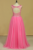 Open Back Prom Dresses Scoop A Line Beaded Bodice Floor Length Tulle