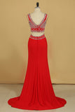 Two Pieces V Neck Prom Dresses Sheath Spandex With Beading Floor