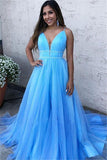 A Line Sky Blue Spaghetti Straps V Neck Tulle Prom Dresses, Cheap Evening Dresses STA15554