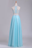 Two Pieces Scoop Prom Dresses A Line Tulle With Beads Floor