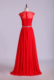 Scoop Neckline Ruffled Prom Dress Lace Sleeves With Shirred Chiffon