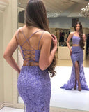 Elegant Two Pieces Mermaid Lilac Lace Slit Long Prom Dresses, Formal STA20417
