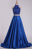 Two Pieces High Neck A Line Prom Dresses Beaded Bodice Satin Open