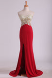 Prom Dresses Sheath Sweetheart Spandex With Slit And Applique Sweep