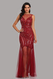 See Through Burgundy Mermaid Bateau Prom Dresses with Beading Tulle Party Dresses STA15324
