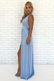 A-Line V Neck Criss Cross Light Blue Chiffon Long Prom Dresses with Split, Formal Dresses STA15053