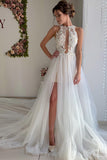 A Line Appliques Ivory Open Back Wedding Dresses, Long Beach Bridal Dresses STA14990