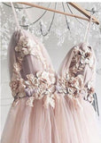 Elegant A Line Spaghetti Straps V Neck Prom Dress With Handmade Flowers