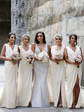 A Line Chiffon V Neck Beige Ruffles Bridesmaid Dresses Long with Slit Prom Dresses