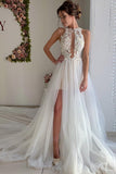 A Line Appliques Ivory Open Back Wedding Dresses Long Beach Bridal STAP2PKLXCG