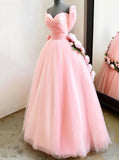 Charming Ball Gown Sweetheart Long Prom Dresses, Pink Sweet 16 Dress With Handmade Flowers STA15094