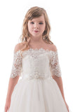 Boat Neck Mid-Length Sleeves A Line Tulle With Applique Flower Girl