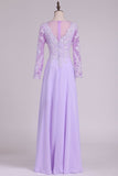Long Sleeves V Neck Chiffon With Applique And Beads A Line Evening Dresses