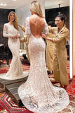 Ivory Backless Long Sleeves Mermaid Wedding Dress Embroidery& Beads Wedding STAPYJ9JRQB