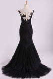 Mermaid Evening Dresses Bateau Tulle With Applique Sweep Train Color Black
