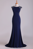 New Arrival Scoop Evening Dresses Cap Sleeves Chiffon Sheath With Applique