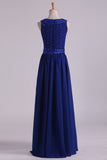 Dark Royal Blue Prom Dresses Scoop A Line Chiffon With Beading Floor Length