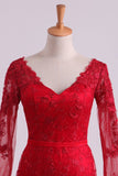 Red V-Neck Evening Dresses Mermaid With Applique Lace And