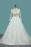 Scoop Long Sleeves Tulle Wedding Dresses With Applique