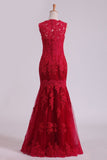 Red Straps Prom Dresses Tulle With Applique Sweep