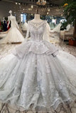 Silver Wedding Dresses Ball Gown Long Sleeves Royal Train Top Quality Lace With