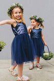 Vintage Navy Blue Sequins Flower Girls Dresses, Short Tulle Birthday Girl Dresses STA15607