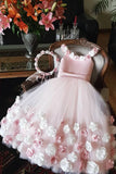 A Line Round Neck Pink Hand Made Flowers Flower Girl Dresses Tulle Wedding Party Dresses STA15019