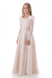 Lace Flower Girl Dresses A Line Boat Neck Long Sleeves With