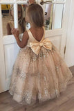 Princess Ball Gown Champagne Sequins Bowknot V Back Flower Girl Dresses STA15291
