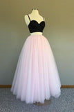 A Line Two Pieces Spaghetti Straps Black And Pink Prom Dresses, Formal STA20386