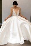 Simple A-Line Deep V Neck Satin Ivory Wedding Dress With Lace STAPR2KHCZB
