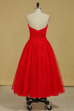 Red Sweetheart Prom Dresses A Line Tulle With Ruffles Ankle Length Size