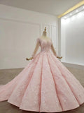 Elegant Ball Gown Pink Long Sleeves Appliques Prom Dresses, Quinceanera STA20481