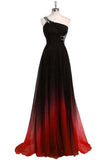 One Shoulder Black And Red Long Ombre Chiffon Beading Open Back Prom