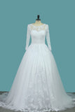 A Line Tulle Bateau 3/4 Length Sleeve Wedding Dresses With Applique Sweep